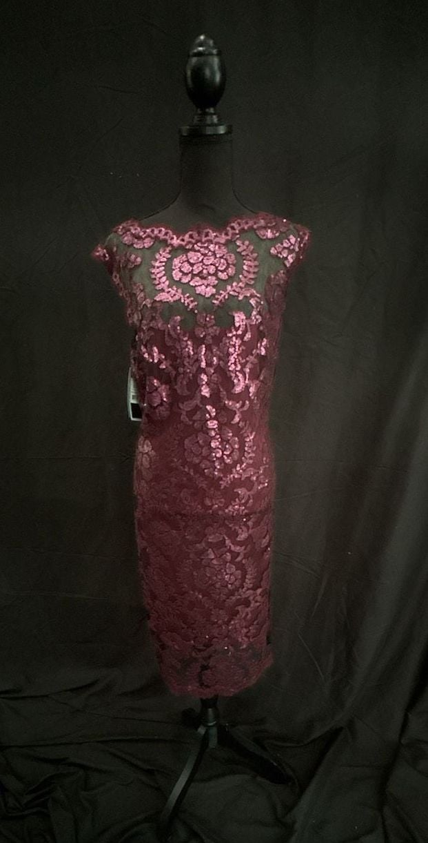 Tadashi Shoji Burgundy Sequin Embroidered Sheer Illusion Lace Sheath Dress